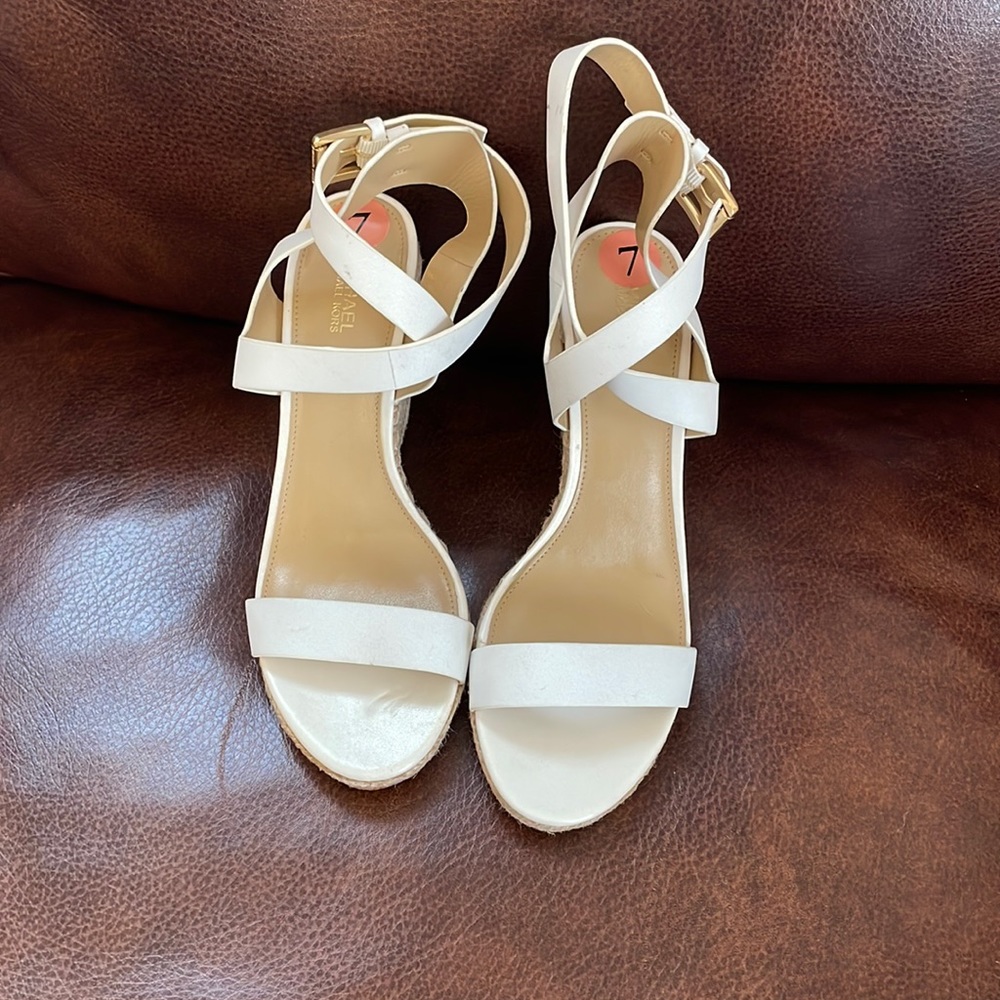 Michael Kors high heeled sandals. White with tan heel. Size 7